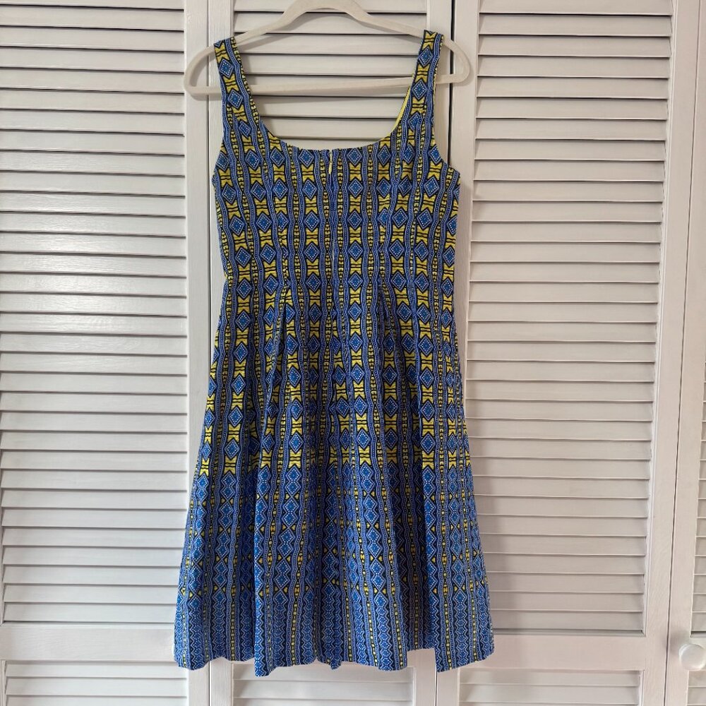 100% Cotton Fit & Flare Size US 8 I Blue & Yellow Summer Dress Scoop NecK